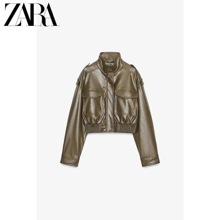 جاكيت قصير بقلادة واقفة بأكمام طويلة من الجلد الصناعي اللامع نسائي من مجموعة ZARA2025 الجديدة لفصل الخريف