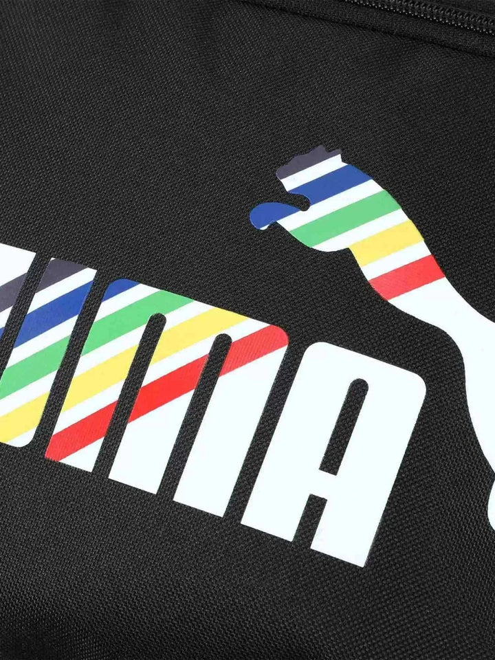 Close-up of black PUMA backpack fabric with colorful striped PUMA logo print