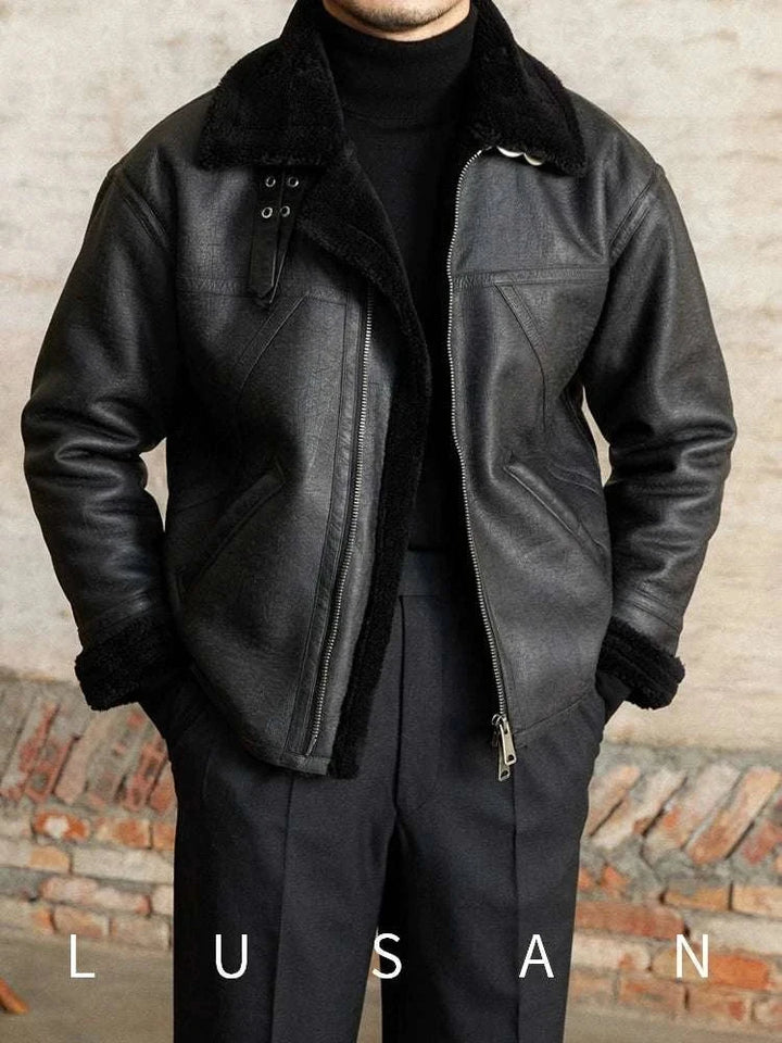 Mr. Lu San leather jacket black soft leather with sherling lining and metallic finish details