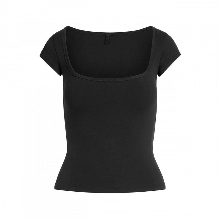Black SKIMS essential square neck tee with short sleeves and fitted silhouette.
