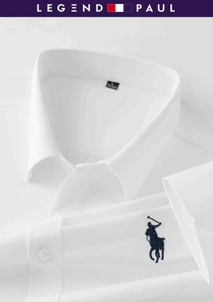 white polo shirt with navy embroidery by LEGEND PAUL, ideal for high school casual and formal wear