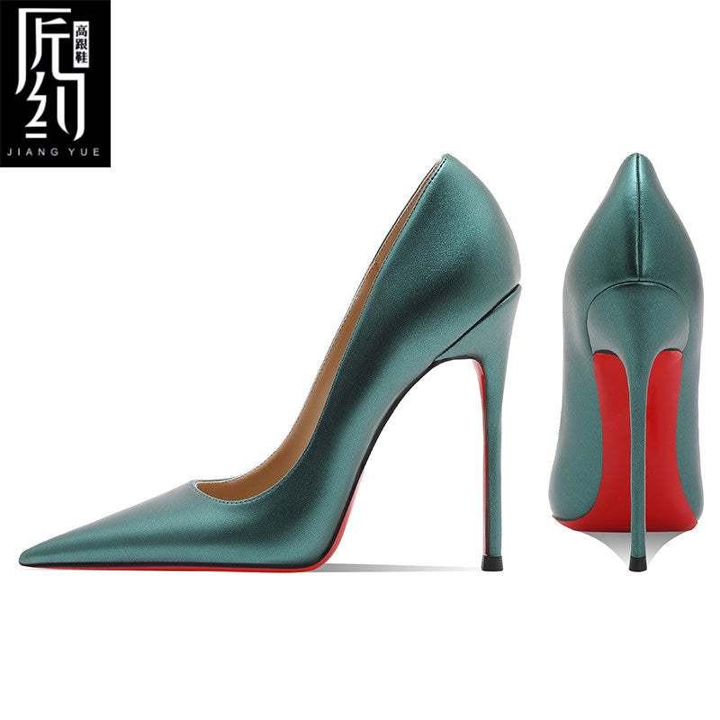 Christiana حذاء Stilettos نسائي كلاسيك بلون أخضر زمردي وكعب أحمر فاخر.