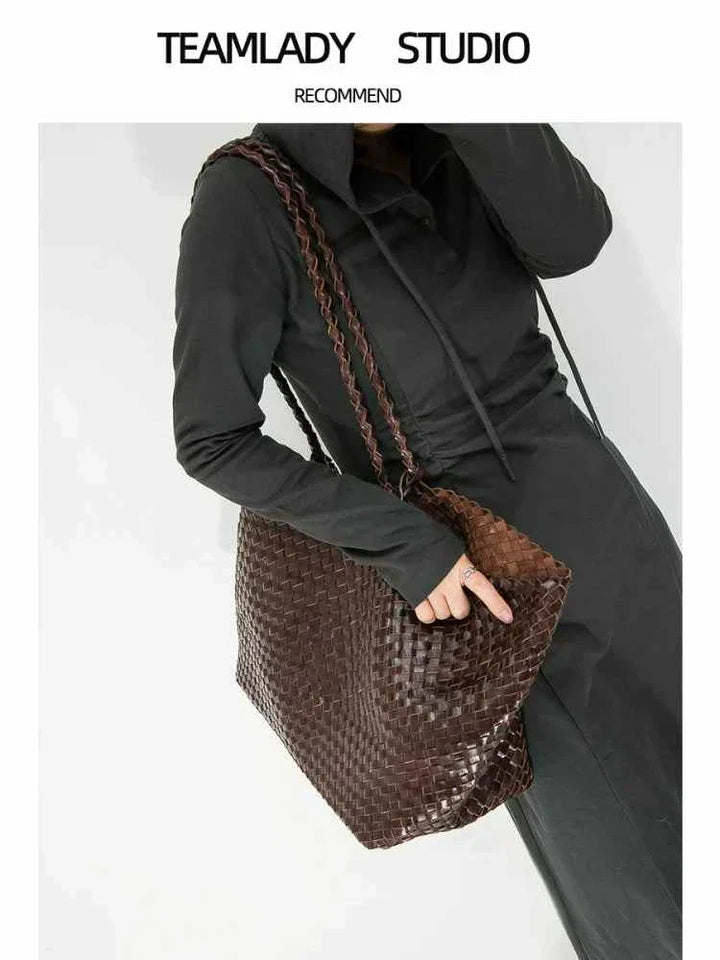 dark brown large woven leather tote bag with shoulder strap for daily use and travel