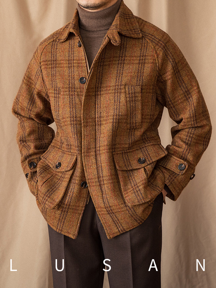 Mr. Lusan hunting tweed jacket brown plaid wool warm windproof with pockets and adjustable cuffs