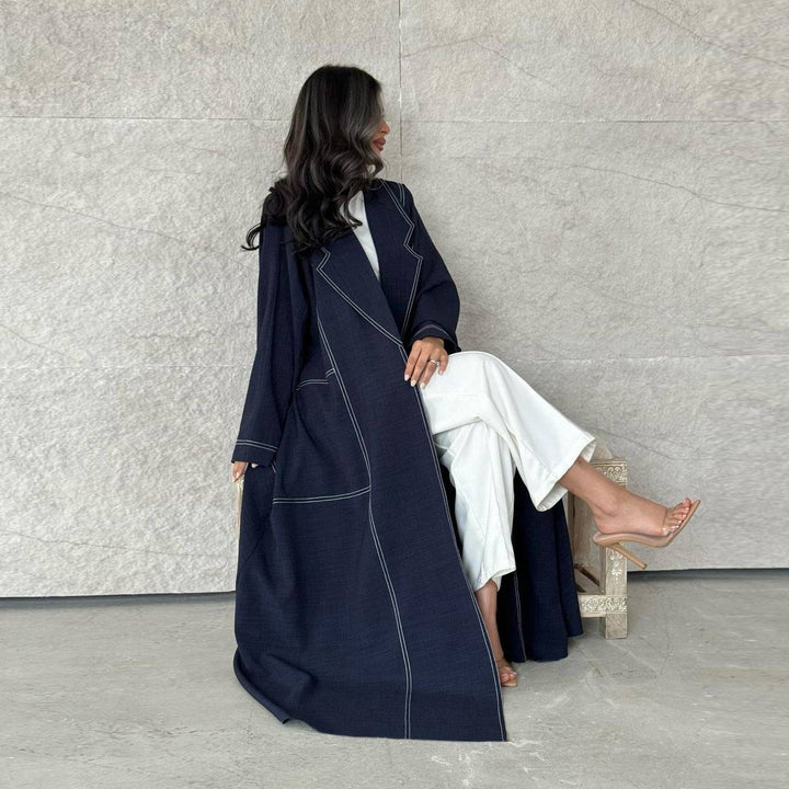 Elegant navy abaya with stylish stitching and comfortable wide sleeves for a chic look; arrivals Muslim fashion dress عباية واسعة بكشكش أنيق.