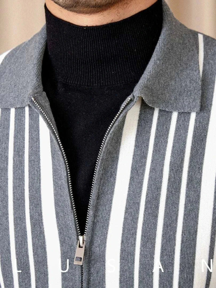 Mr. Lu San British slim grey and white striped knitted cardigan with zip and classic collar