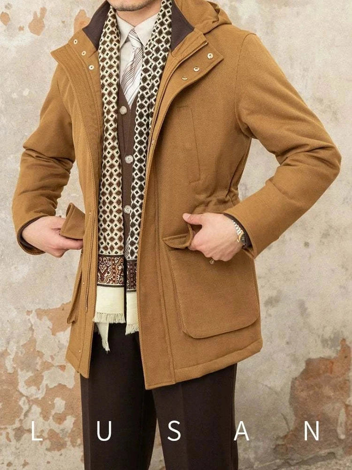 Mr. Lusan Jacket camel color for men with hood and front pockets, stylish and warm winter coat