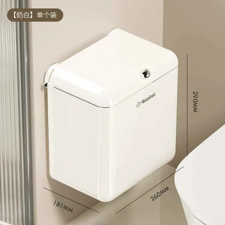 Wall-mounted double-lid Mr.Basket trash bin in white, 9-liter capacity, space-saving design with secure dual suction cup installation