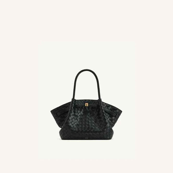 Black JW PEI Dumpling Large vegan leather tote bag with woven texture and dual top handles.