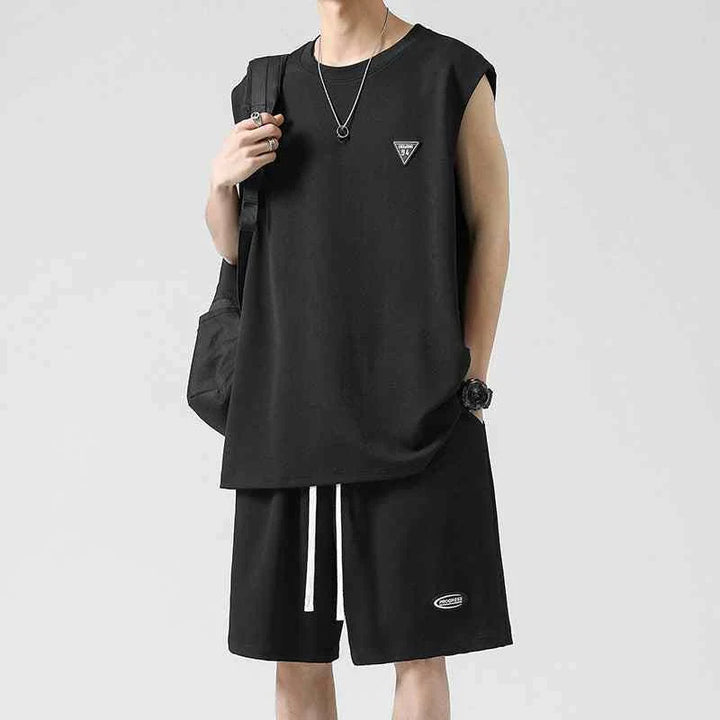 Men's sleeveless summer set in black ice silk fabric with loose fit and casual shorts with adjustable drawstring