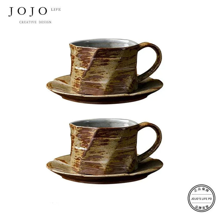 كوب قهوة سيراميك يدوي JOJO'S L.PD. East. بتصميم ياباني ريترو مع صحن متناسق ومقبض مريح