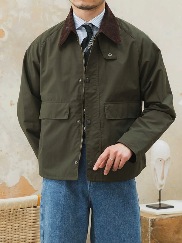 Mr. Lusan Jacket retro windproof hunting suit with velvet collar and front pockets in olive green