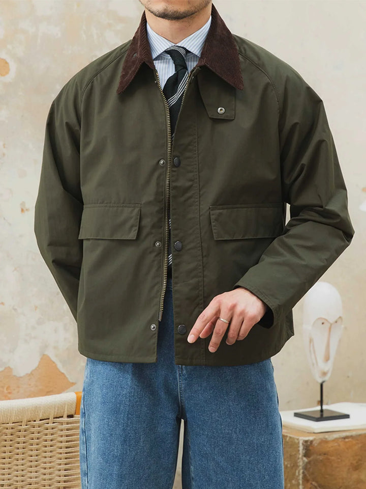 Mr. Lusan Jacket retro windproof hunting suit with velvet collar and front pockets in olive green