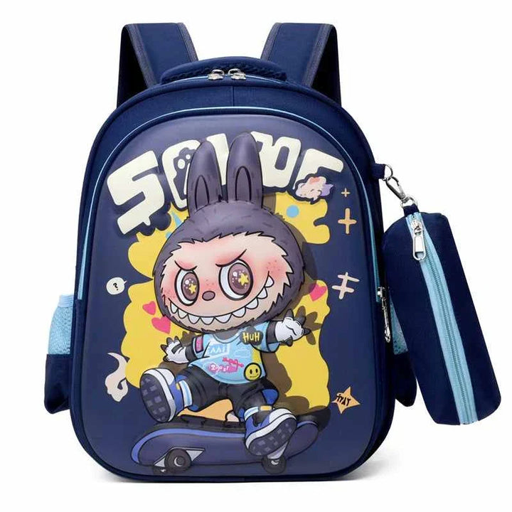 Cartoon-themed LABUBU backpack in navy blue with a cute character design, lightweight 410g, spacious with padded shoulder straps and multiple pockets.