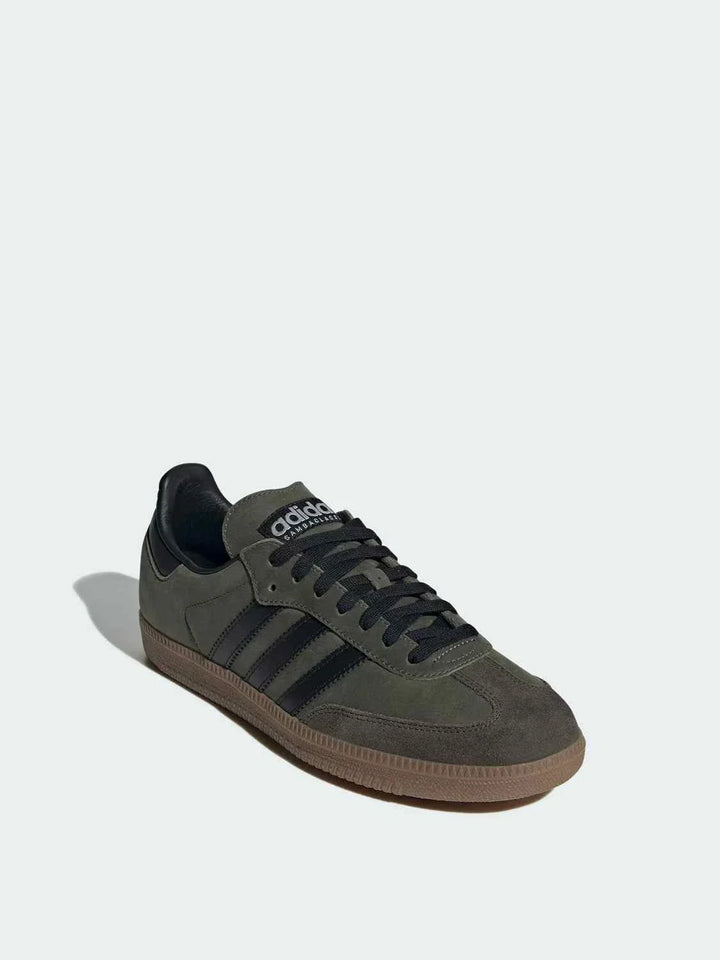Adidas official Clover unisex lightweight athleisure shoe in olive green with black stripes and gum sole