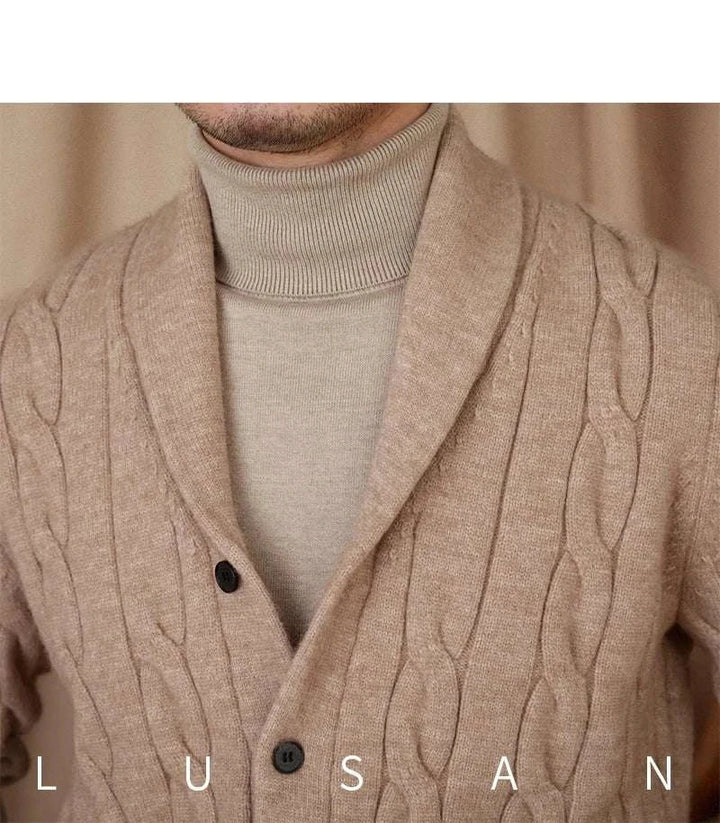 Mr. Lusan cardigan beige knitted shawl collar with buttons and cable pattern
