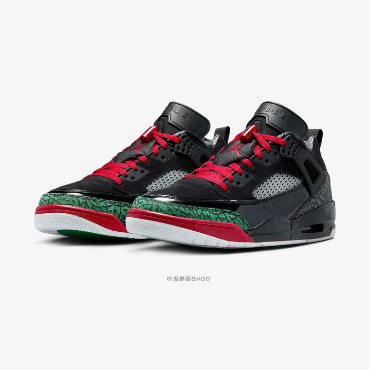 Nike JORDAN SPIZIKE LOW men's shoes in black, classic green, white, varsity red; combines five iconic Jordan designs.