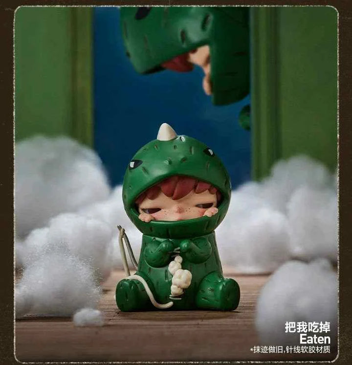 POP MART Hirono Echo Series figure, green dinosaur costume, dreamy childhood scene.