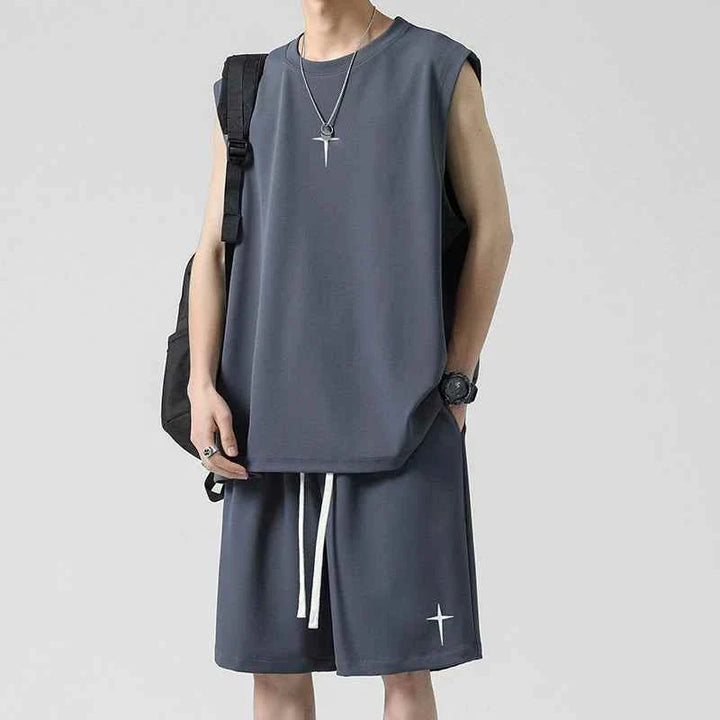 Men's sleeveless summer outfit in dark gray Ice Silk fabric with loose fit and casual design