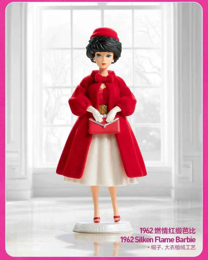 Barbie Fashion Series 1962 Silken Flame Barbie figurine in elegant red dress.