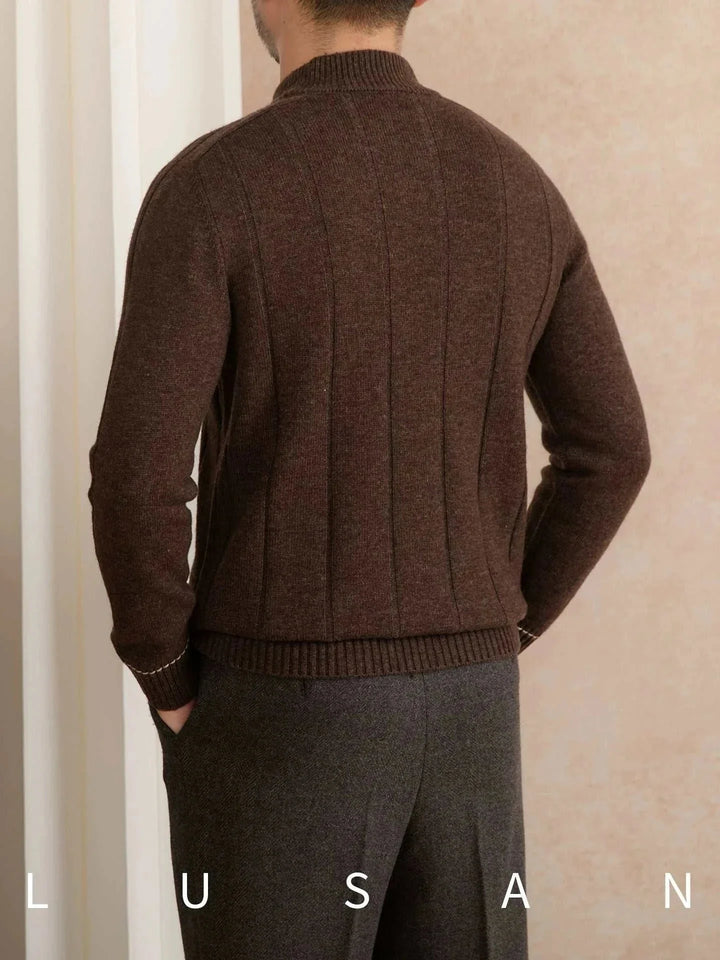Mr. Lu San's 30% wool brown sweater with ribbed cuffs and vertical lines for men