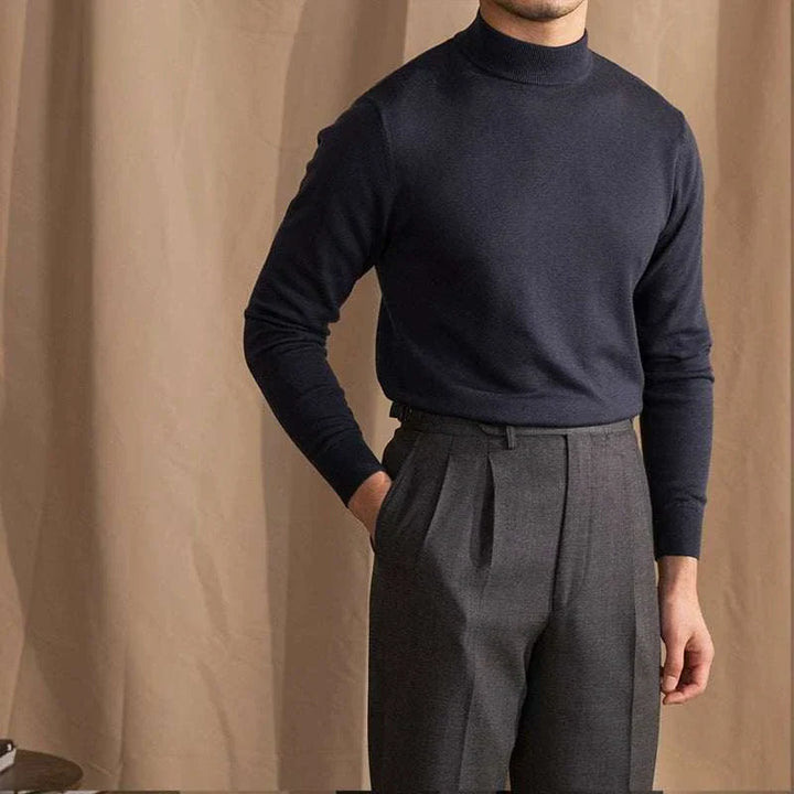 Mr. Lu San's navy blue 30% wool slim half-high neck sweater for men
