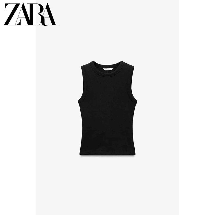 ZARA توب تانك نسائي أسود أساسي كاجوال بخامة قطنية مرنة وتصميم بسيط أنيق