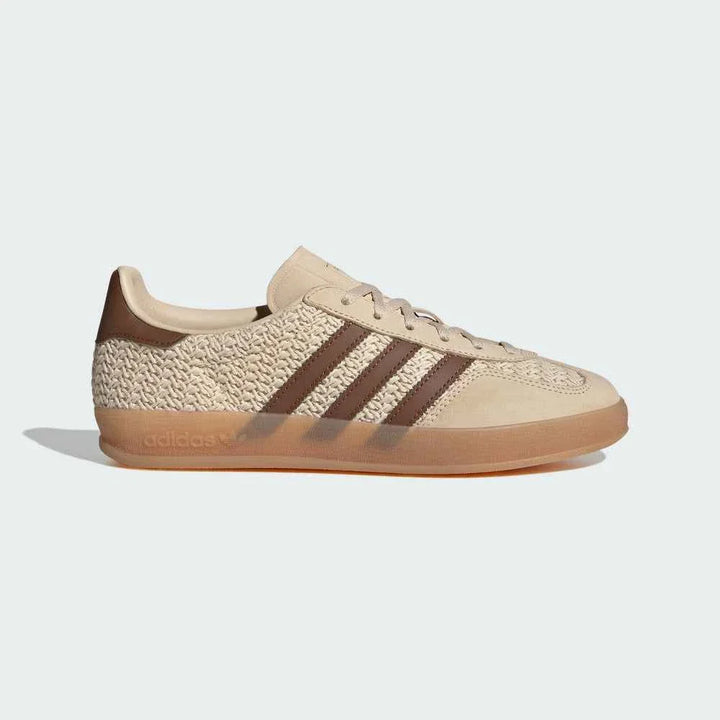 Beige and brown Adidas Originals Gazelle Indoor sneaker with woven leather and canvas upper and honey-colored translucent sole