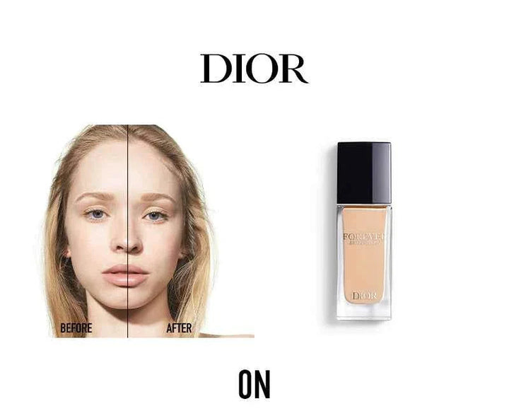 Dior Forever Foundation luxury set showing before and after skin glow transformation with lightweight, long-lasting coverage.