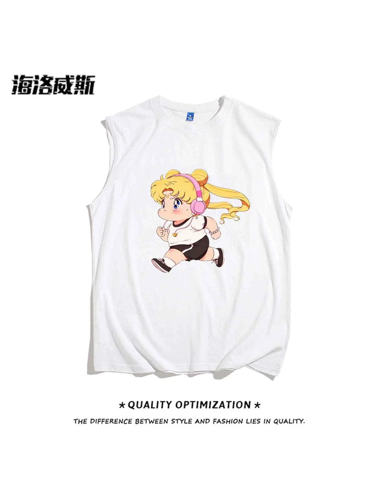 White sleeveless t-shirt with cartoon girl print wearing headphones, lightweight cotton, casual summer wear