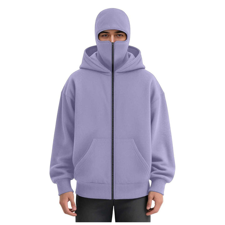 هودي النينجا بأكمام طويلة مع قناع مدمج وسحّاب أمامي لون بنفسجي ناعم تصميم عملي دافئ ومريح للطقس البارد