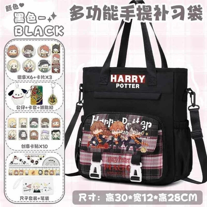 Black Harry Potter school backpack with cartoon character design, multiple compartments, and versatile carrying options including hand, shoulder, and backpack styles