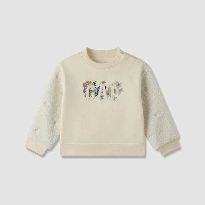 كنزة GAP فرو للأطفال بتطريز أزهار بأكمام ناعمة دافئة تصميم شتوي مريح بنقشة أنيقة