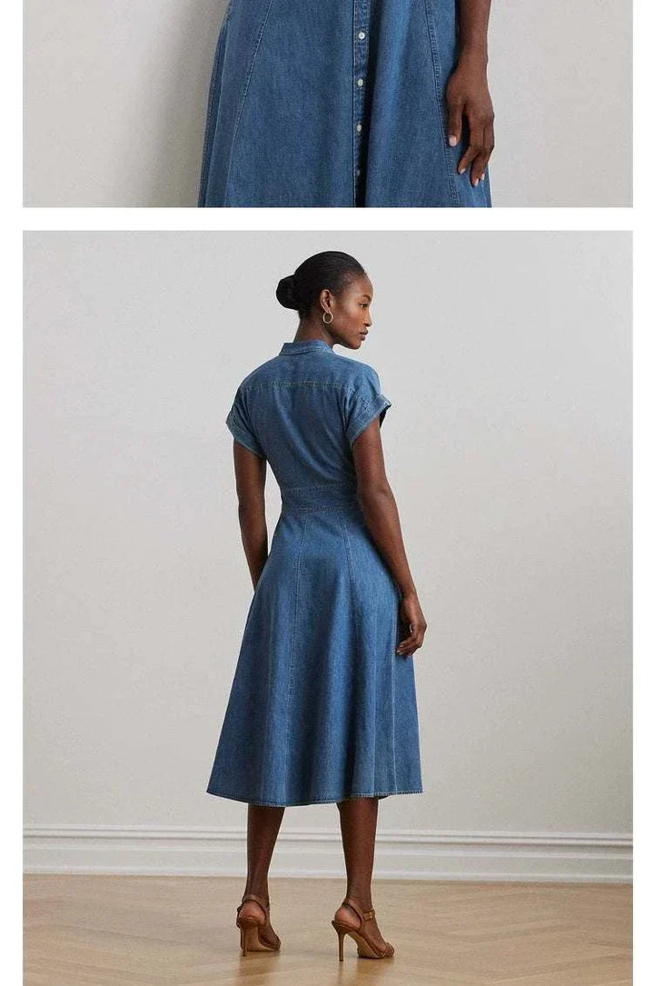 فستان جينز كلاسيكي نسائي من Lauren by Ralph Lauren بتصميم قميصي وأكمام قصيرة وحزام خصر جلدي مزدوج باللون البني وتنورة متوسطة الطول واسعة