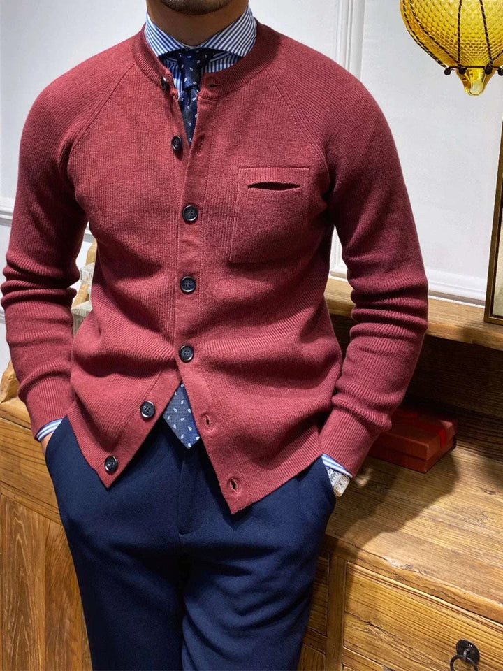 Mr. Lu San British slim fit burgundy cardigan jacket with front buttons and chest pocket