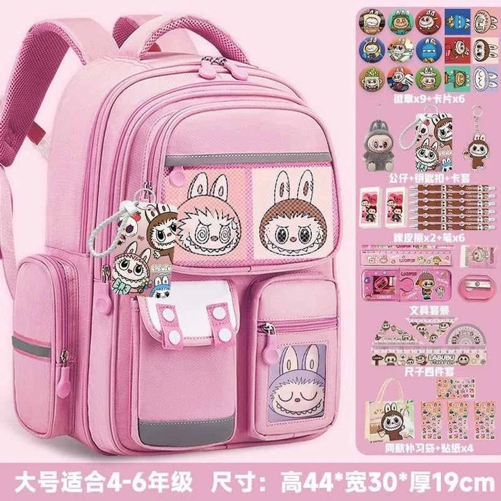 Pink labubu school backpack with cartoon character design and free 40-piece school supplies set for kids