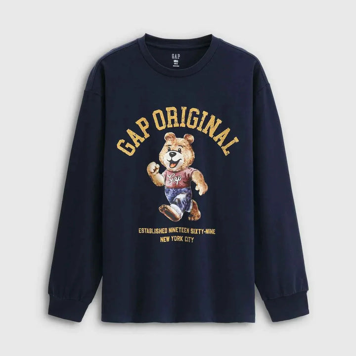 Gap هودي أصلي كاجوال رجالي ونسائي برسمة دب قطن نقي أزرق تصميم عصري مريح
