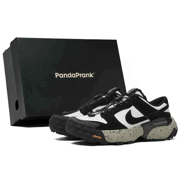 Black and white Nike × PandaPrank Pro Trekking System sneakers with Vibram sole and Quicklace, displayed with PandaPrank branded box