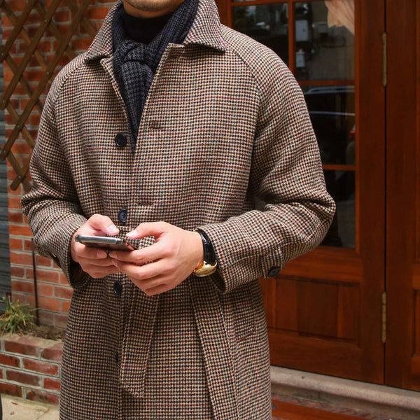 Mr. Lu San Balmacan wool coat brown beige houndstooth warm stylish wool blend with adjustable belt and raglan sleeves