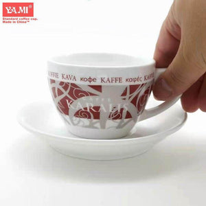 طقم كوب قهوة بورسلين بتصميم YAMI ونقوش حمراء أنيقة.