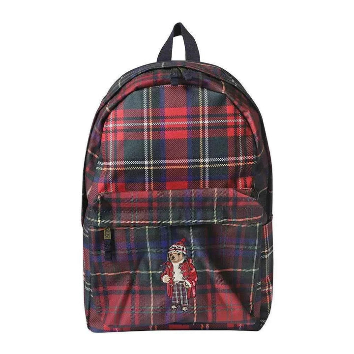 Polo Ralph Lauren backpack with red and green plaid pattern and iconic bear embroidery, durable fabric with practical pockets, stylish and versatile.