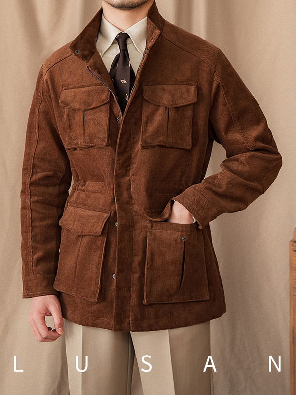 Mr. Lusan hunting jacket brown suede with four front pockets and adjustable waist