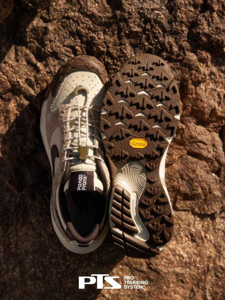 Nike × PandaPrank Pro Trekking System hiking shoes with Vibram sole and Quicklace on rocky surface