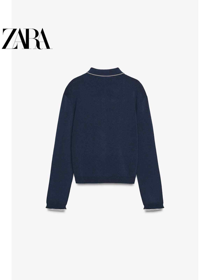 ZARA كارديجان نسائي أزرق كلاسيكي بأكمام طويلة وخياطة دقيقة للراحة والأناقة