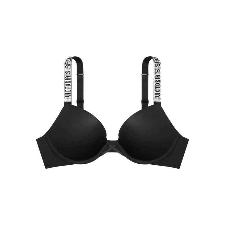 Victoria's Secret black bra with shiny logo rhinestone shoulder straps and classic sexy design for women summer underwear