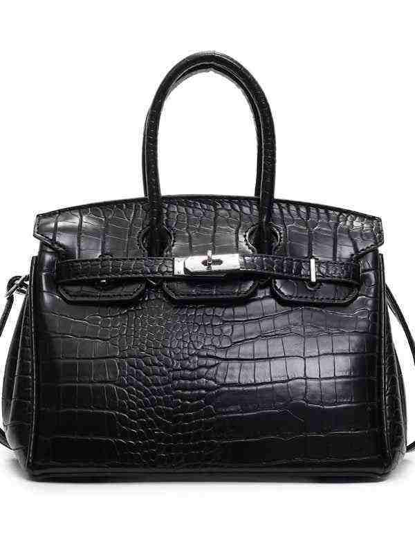 Black women's Birkin design handbag with crocodile pattern and high-quality leather texture