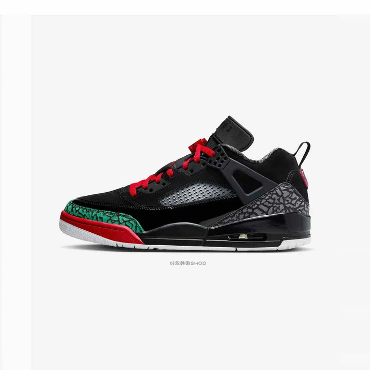 Nike JORDAN SPIZIKE LOW men's shoe in black, classic green, white, varsity red with iconic design elements.
