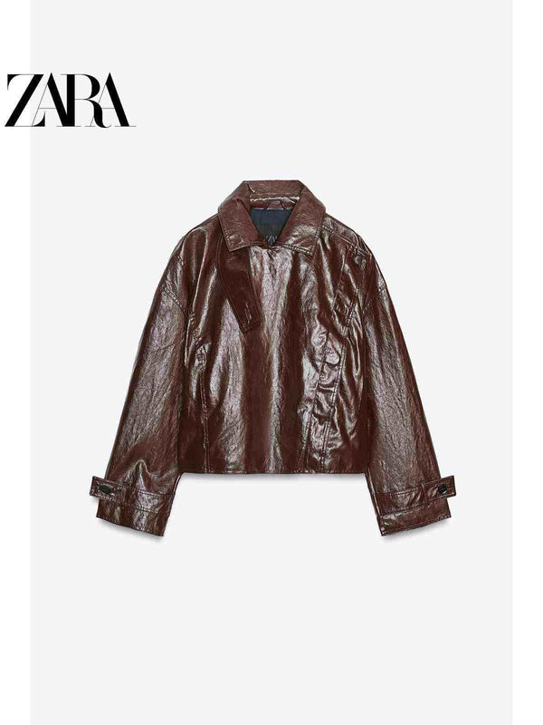 جاكيت نسائي لامع بياقة واسعة وأكمام طويلة من مجموعة ZARA2025 Fall Women's خريف النساء بلون بني