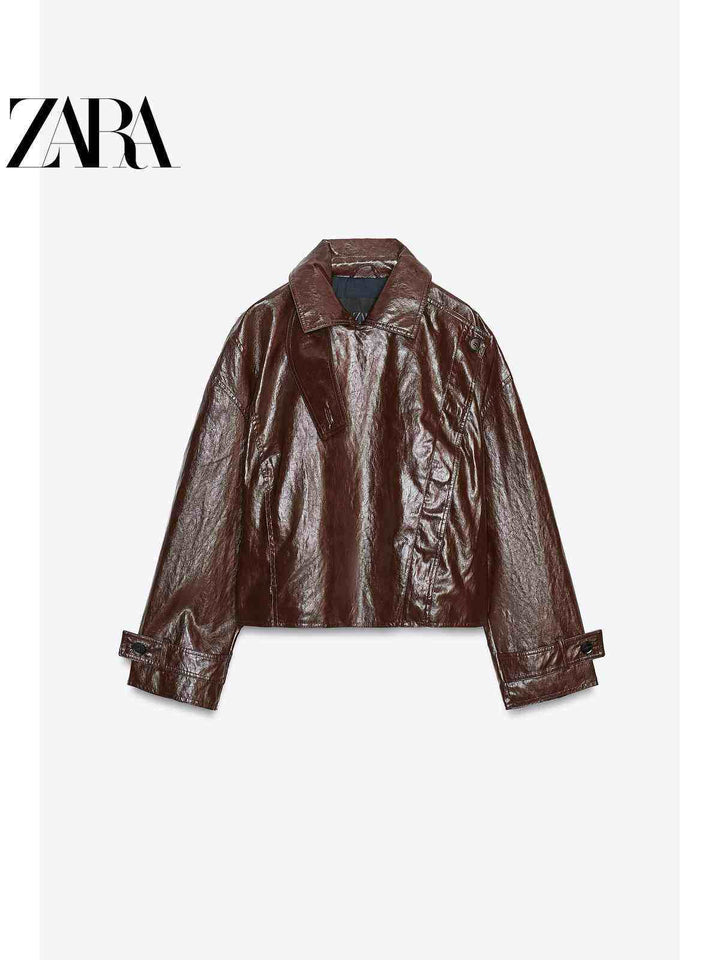 جاكيت نسائي لامع بياقة واسعة وأكمام طويلة من مجموعة ZARA2025 Fall Women's خريف النساء بلون بني