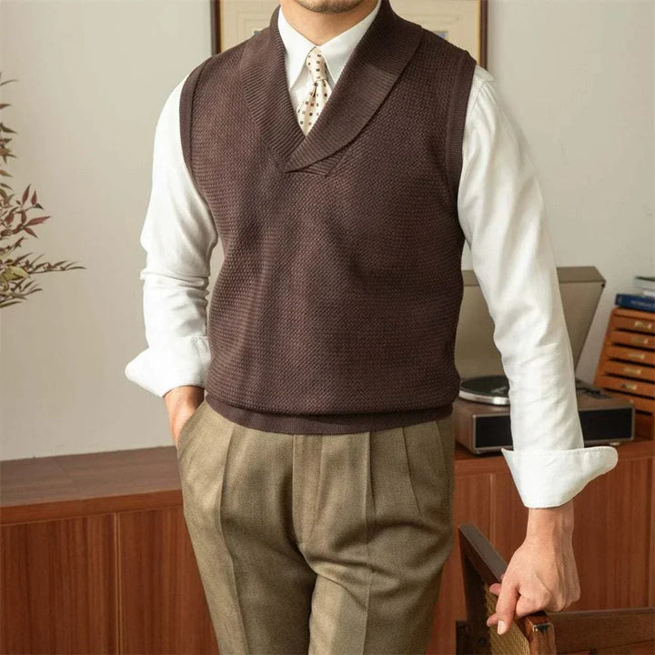 Mr. Lusan warm sweater vest sleeveless brown knitted vest with shawl collar on man wearing white shirt and khaki pants